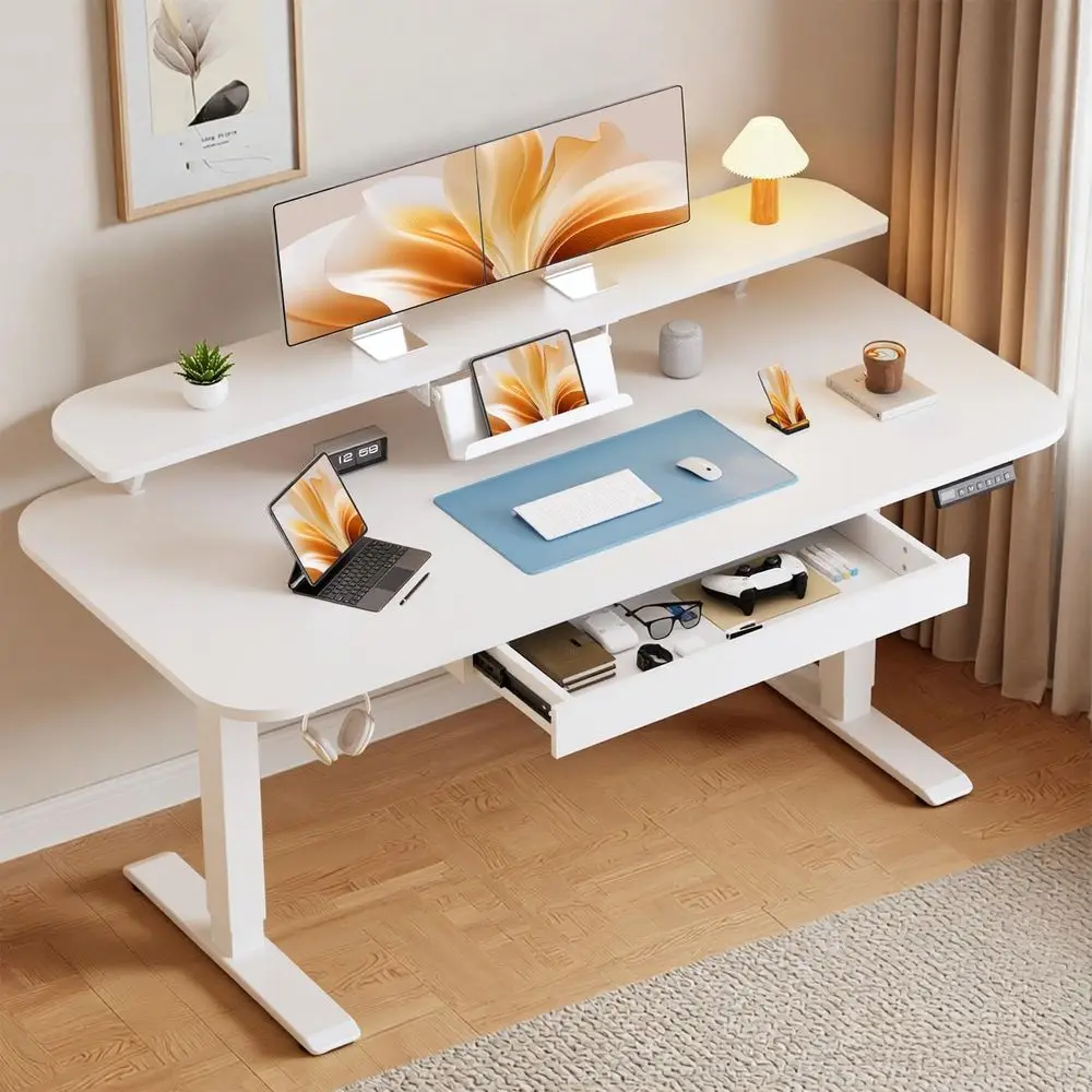 

White 55x24 Adjustable Height Standing Desk with Memory Preset for Home Office, Fits Monitor and Laptop