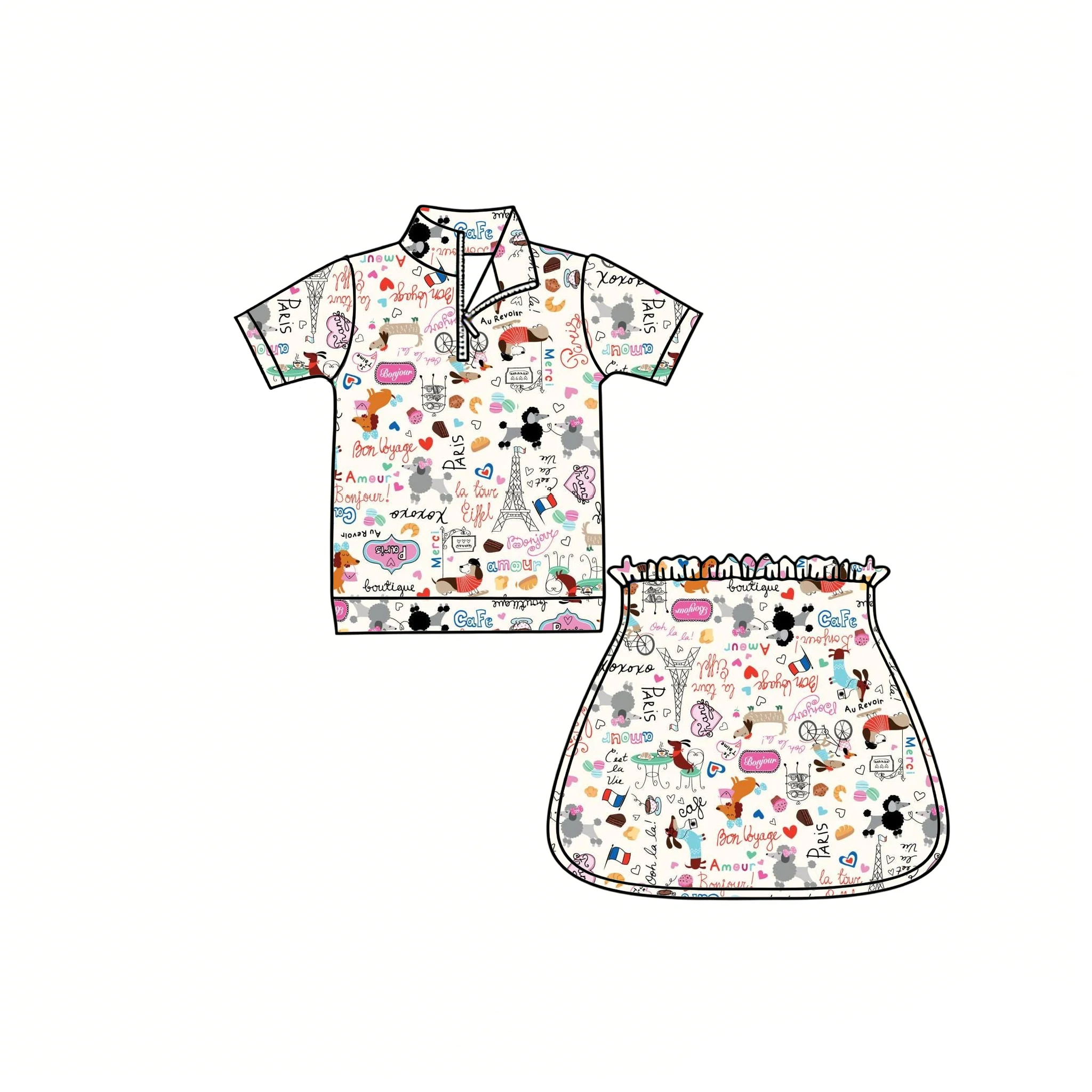 Boutique children's clothing set stand-up collar zip-up short-sleeved top paired skirt animal cartoon print wholesale