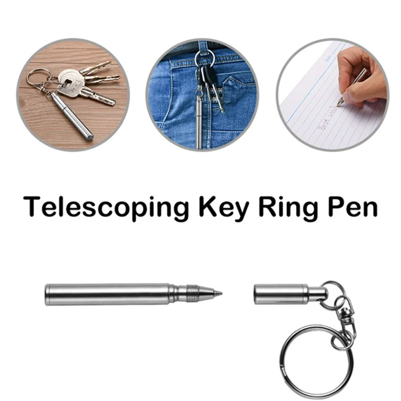 B74A Portable Key Ring Stainless Steel Telescopic Pen Telescoping Ballpoint Pen Keychain Tool For Outdoor Travel