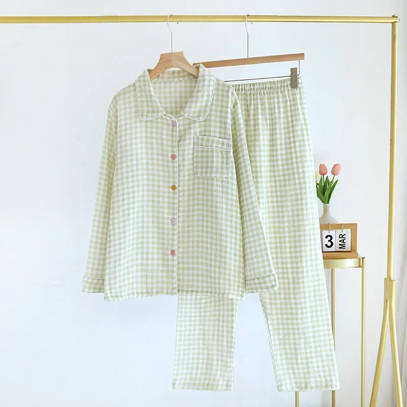 2026 Spring/Summer New Women\'s Sleepwear Long Set 100% Cotton Plaid Long Sleeve Long Pants Two Piece Set Collar Home Clothes