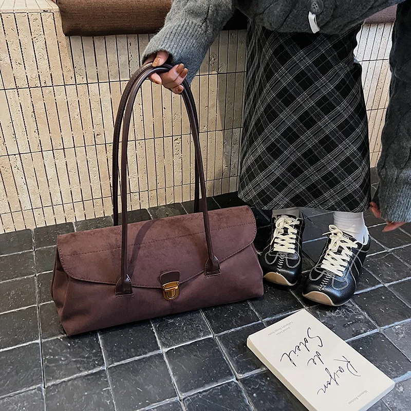 

2025 Fall Winter Brown Suede Tote Bag, Luxe Underarm Purse for Women, Exquisite Top Handle Bag, Textured Shoulder Tote