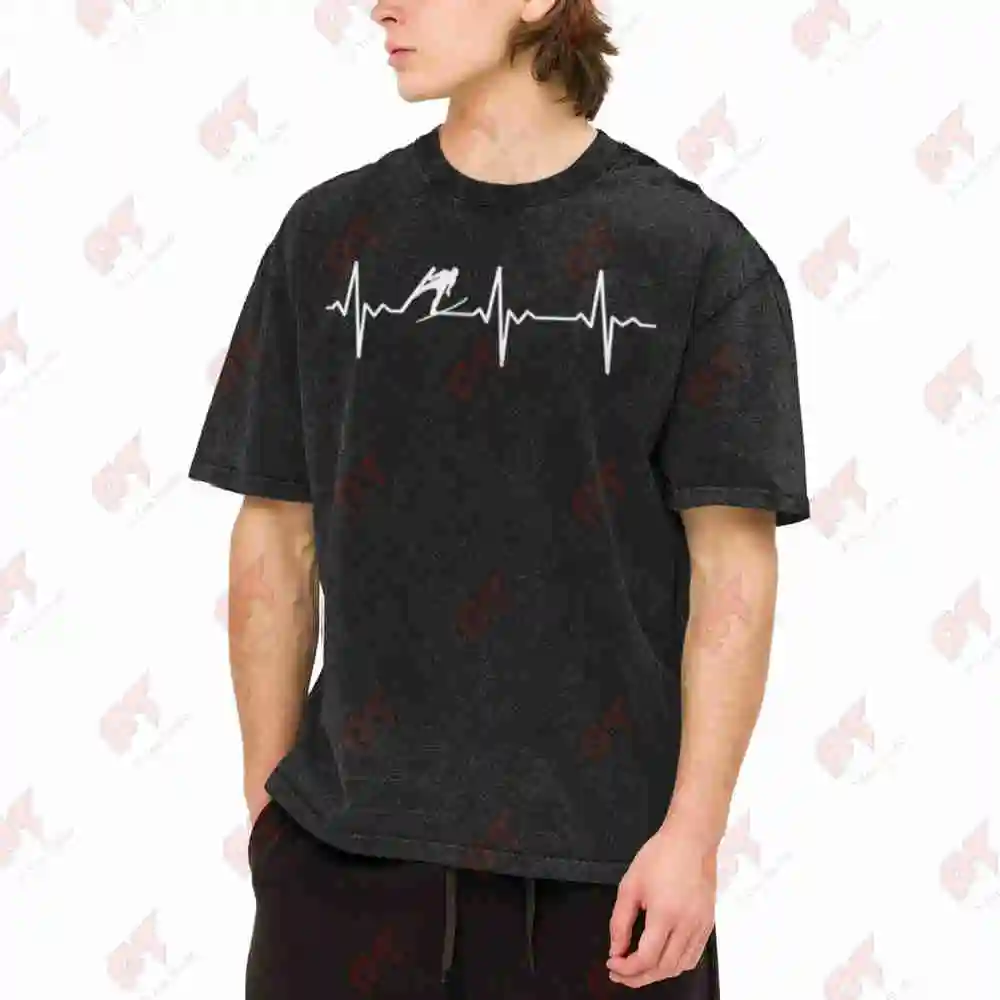 Ski Jumping Heartbeat Winter Sports Vintage Washed Tee Pure Cotton T-Shirt