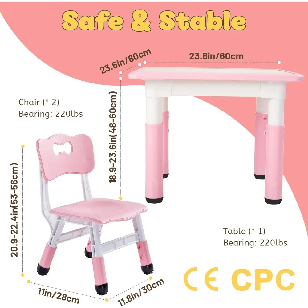 Kids Table and 2 Chairs Set, Height Adjustable Toddler Table and Chair Set for Ages 3-8, Easy to Wipe Arts & Crafts Table