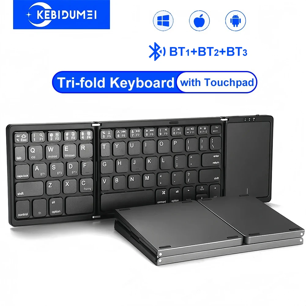 KEBIDUMEI Touchable Tri-fold Keyboard Three Bluetooth Keyboard with Touchpad Mini Rechargeable Keyboard for Windows Android IOS