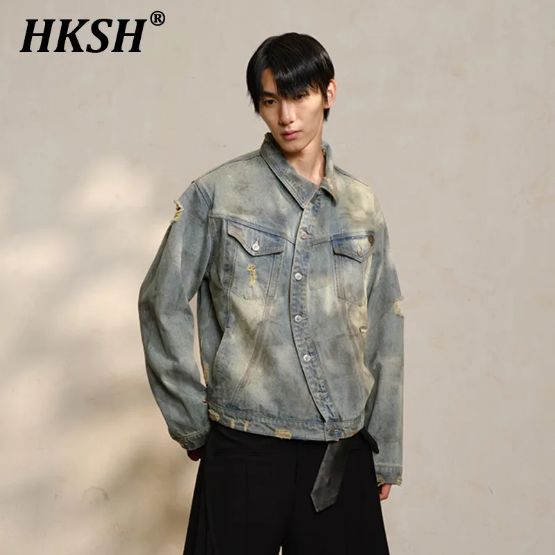 HKSH Autumn Spring New Men's Tide Denim Jacket C-shaped Placket Dirty Dye Heavy Retro Distressed Short Width Version Coat HK2992