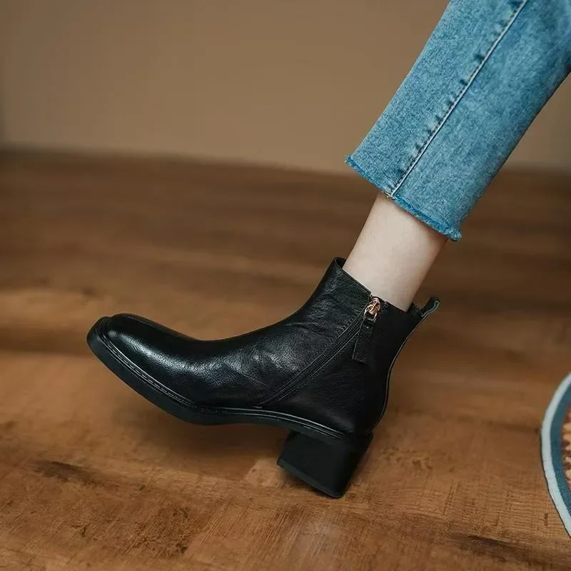 Short Boots for Women 2024 New Round Toe Square Heel Side Zipper Women's Boots Retro Versatile Leather Mid-heeled Shoes Female image 4