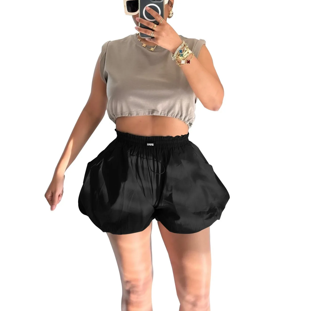 Shorts Women Short Pants Slim Fit Sexy Solid Regular Elegant Splice Elastic Waist Bubble Pant Casual Summer Drawstring Trousers