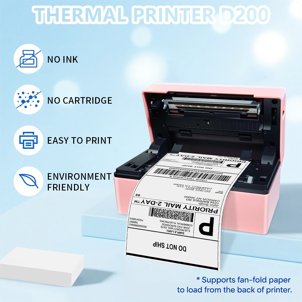 Thermal Printer D200 Pink Bluetooth Protable Inkless Self-adhesive HD Printer Compatible with iPhone Android Mac Window