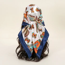 90*90 Butterfly Printed Square Scarf Silk Satin Shawls Muslim Hijab Ladies Elegant Wraps Islamic Turban Headband