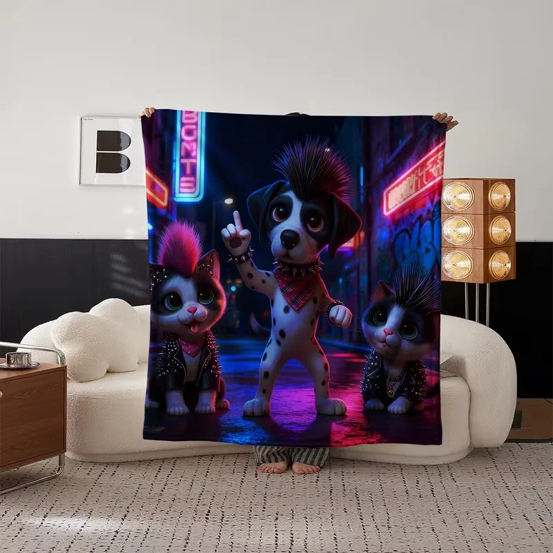 Punk Rock Dog Cat Flannel Blanket Neon Street Mohawk Pet Fleece Blanket Soft Cozy Warm Throw Blankets For Bed Sofa Room Decor