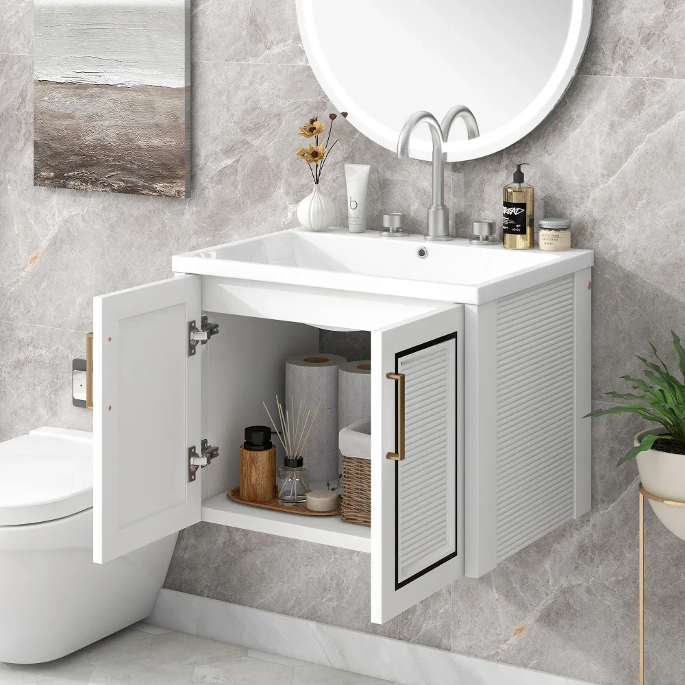 

24" Wall Mounted Bathroom Vanity with Ceramic Basin, Two Shutter Doors Solid Wood & MDF Board, White Bathroom Cabinets Furniture