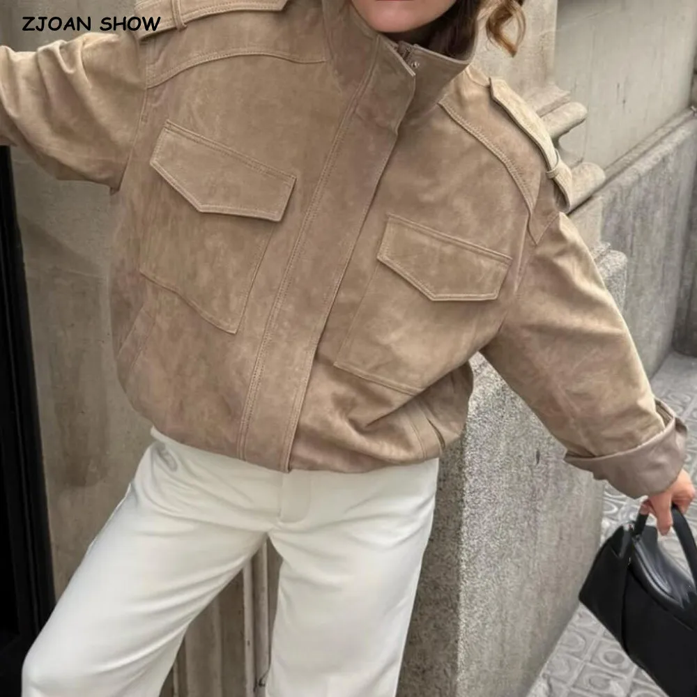 

Новинка 2025 года, женское замшевое кожаное пальто с воротником на молнии и лацканами, эполет на плечах, с длинным рукавом, эластичный подол, верхняя одежда, куртка сафари, верхняя одежда