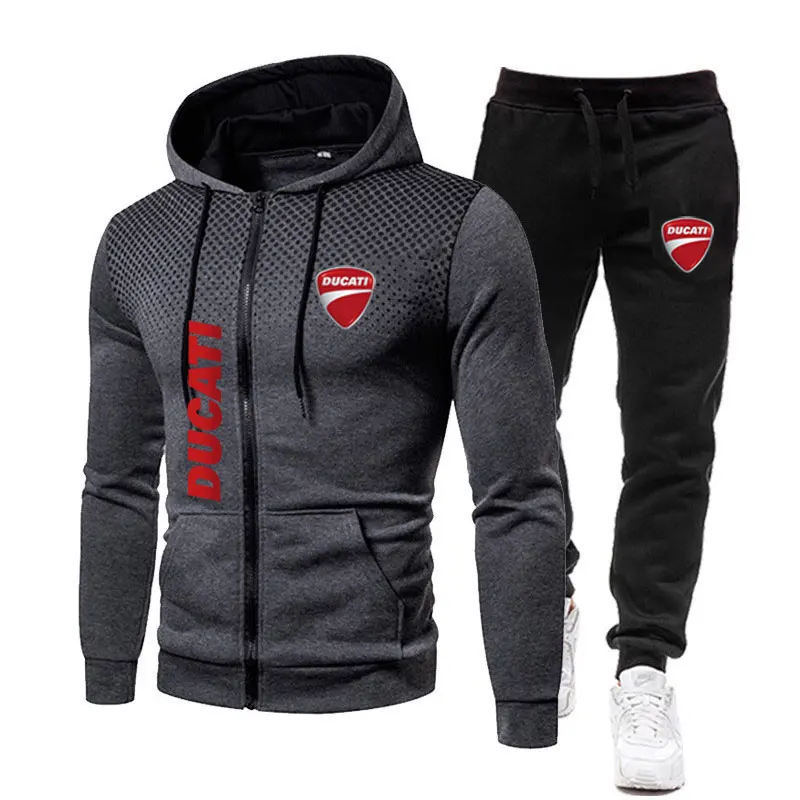 Men's sets Ducati logo print fashionable casual outdoor Spring zippered hoodie sweatshirt sport pants for motorcycle enthusiasts