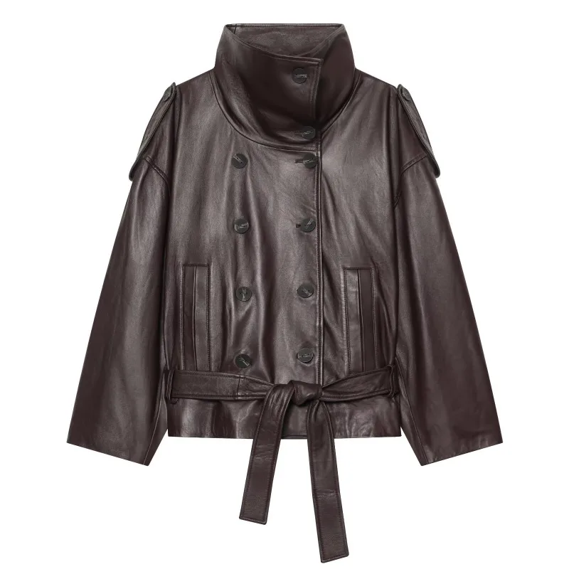 Guobioziy  Fall Winter Minimalist Style Women Leather Effect Jacket Retro Versatile Long Sleeve Stand Collar with Belt