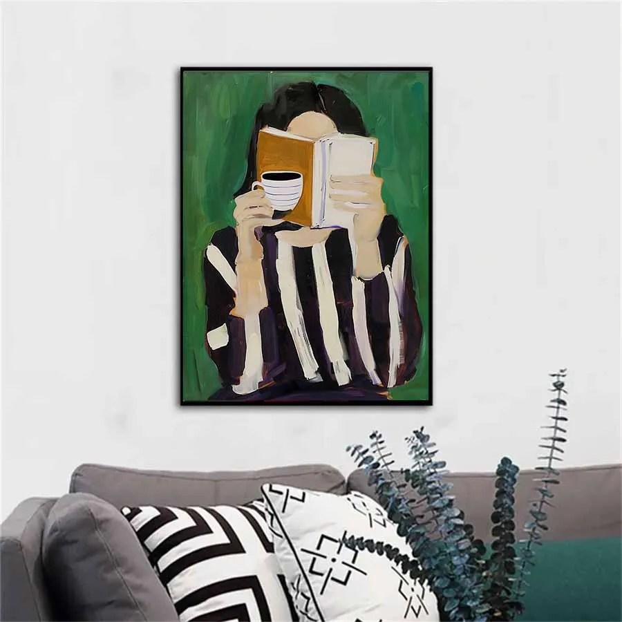 Emerald Green Reading Girl Canvas Poster ,Wall Art Prints for Living Room Home Decor,no frame