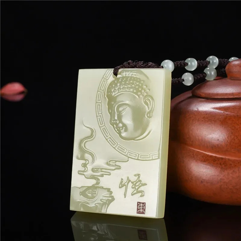 

Natural Chinese White Jade Hand Carved Big Day Tathagata Pendant Fashion Boutique Jewelry Men and Women Necklace Popular Gift