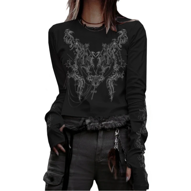 

Gothic summer casual top with printed personality, versatile women's T-shirt, camisole, round neck short sleeved shirt