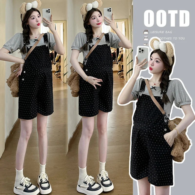 2025 Summer Korean Fashion Vitality Maternity Chic Playful Polka Dot Black Overalls Shorts for Pregnant Women Youth Pregnancy