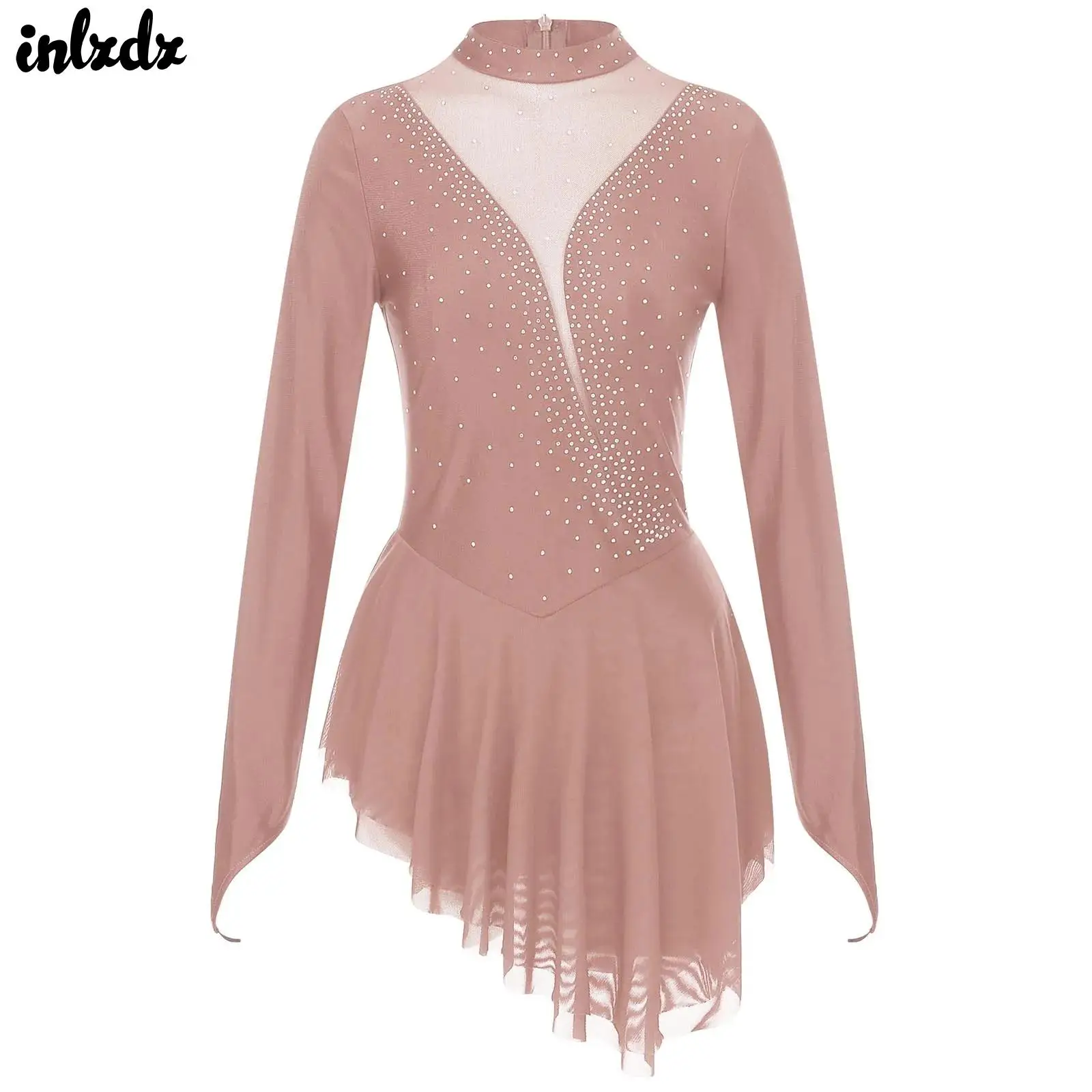 

Womens Sheer Mesh Rhythm Gymnastics Artistic Figure Skating Skirt Dress Shiny Rhinestone Sheer Mesh Lyrical Dance Ballet Dress