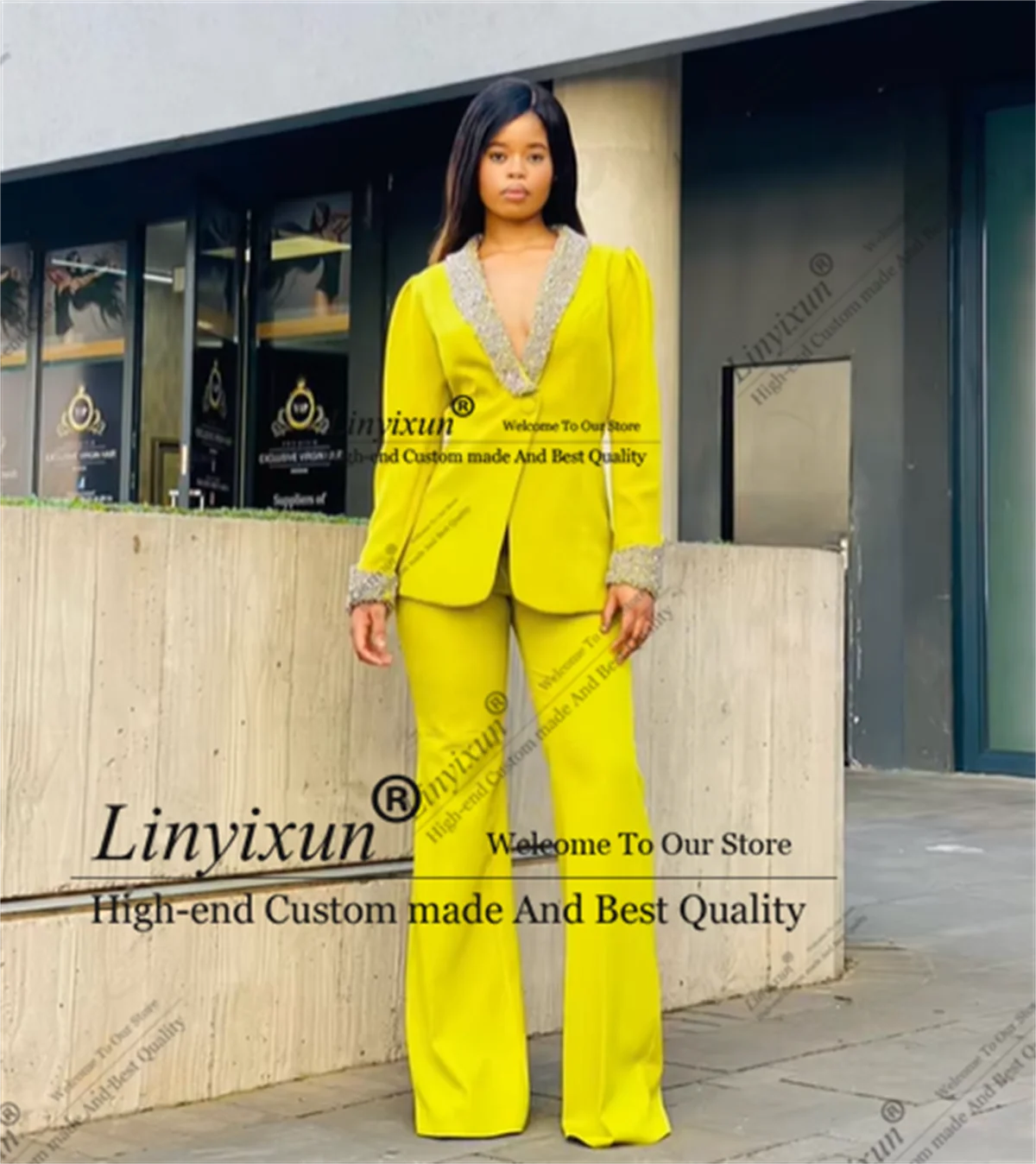 Shiny Crystal Suit for Women Diamond lapel 2 Piece Jacket Pants Female Clothing Fashion Office Lady Slim Customized Blazer Set