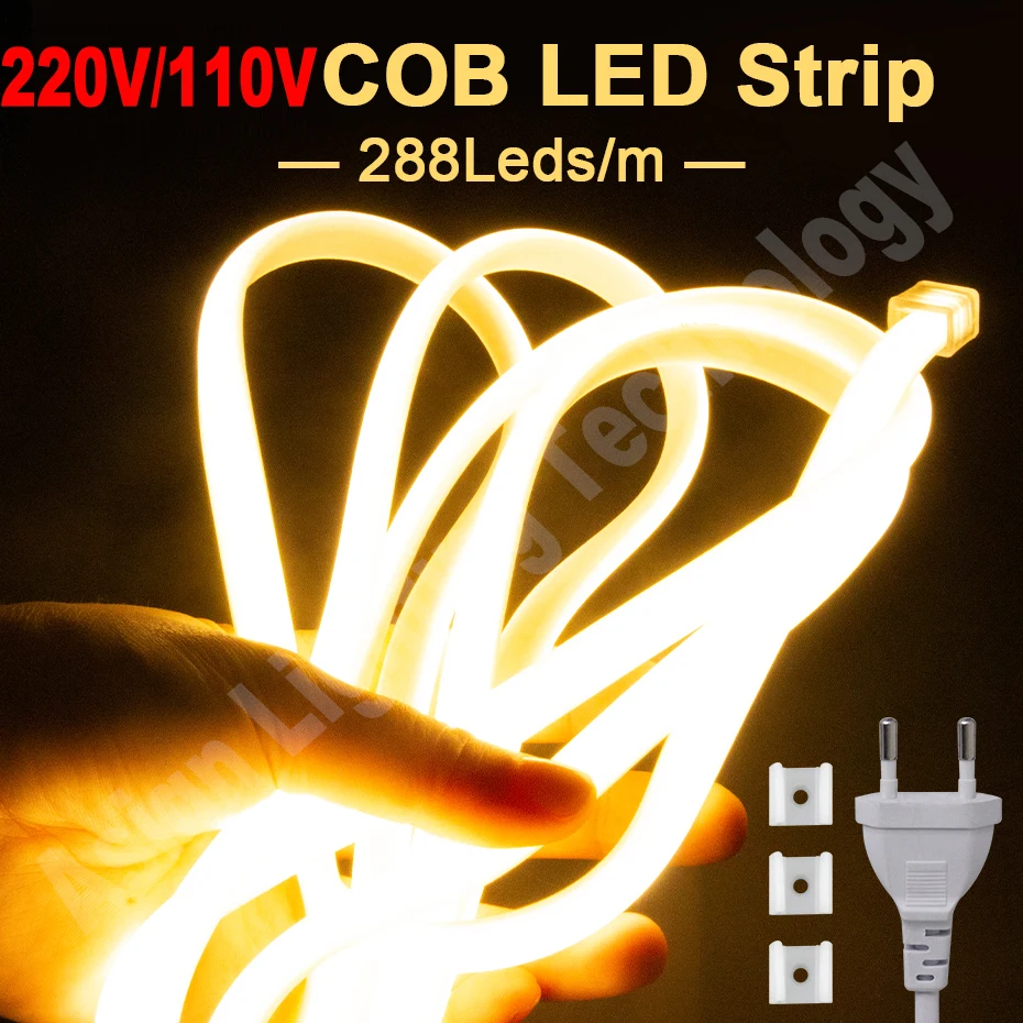 220V/110V COB Strip Light 288LEDs/m High Bright Flexible Tape with EU/US Power Plug LED Ribbon for Outdoor Lighting 0.5m-50m