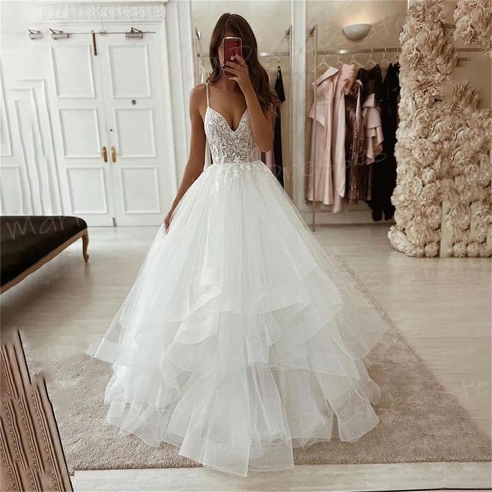 Vestidos De novia elegantes De una línea para mujer, hermosos vestidos De novia con Apliques De encaje, encantadores vestidos De novia con tirantes finos, sin mangas