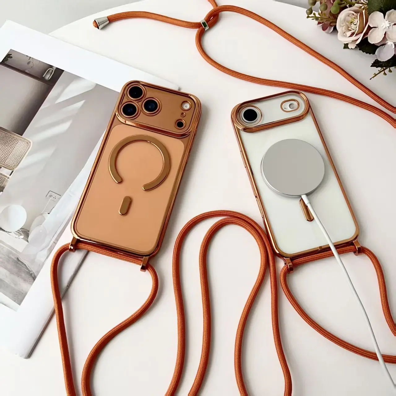 Luxus Halskette Schnur Seil Lanyard Überzug Magnetische Klare Telefon Fall Für iPhone 17 Air 16 14 12 13 15 Pro max Für Magsafe Abdeckung