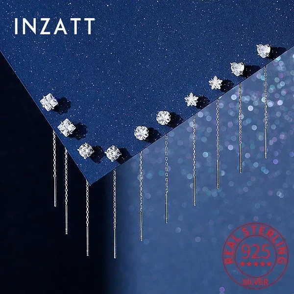 

INZATT Real 925 Sterling Silver Square Star Heart Short 4CM Chain Tassel Drop Earrings For Women Classic Geometric Fine Jewelry