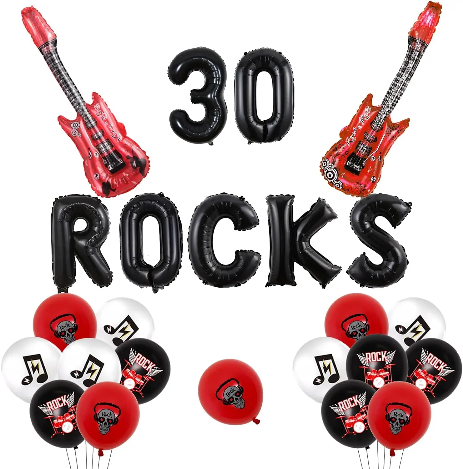 

30 Rocks Banner Birthday Decor Rock N Roll Music Theme Rock Skull Music Guitar Balloon for 30th Birthday Anniversary Party