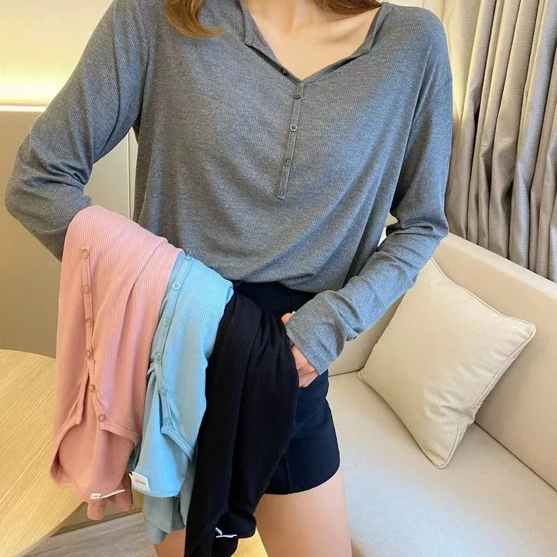 New modal thread long-sleeved T-shirt large size loose Korean version thin top button casual undershirt