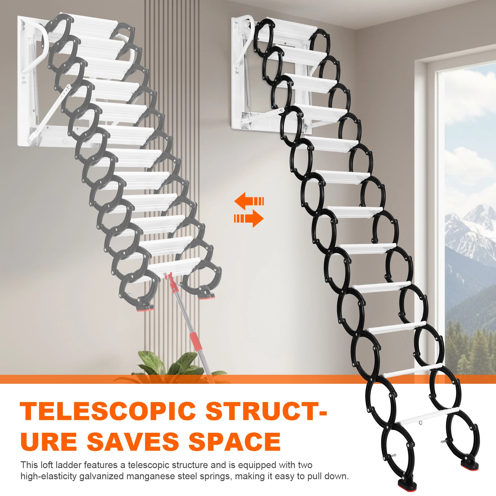 12 Steps Pulldown Attic Ceiling Ladder Stairs Up To 600lbs Invisible Folding Ceiling Loft Ladder with Anti-Slip Steps 11.2ft