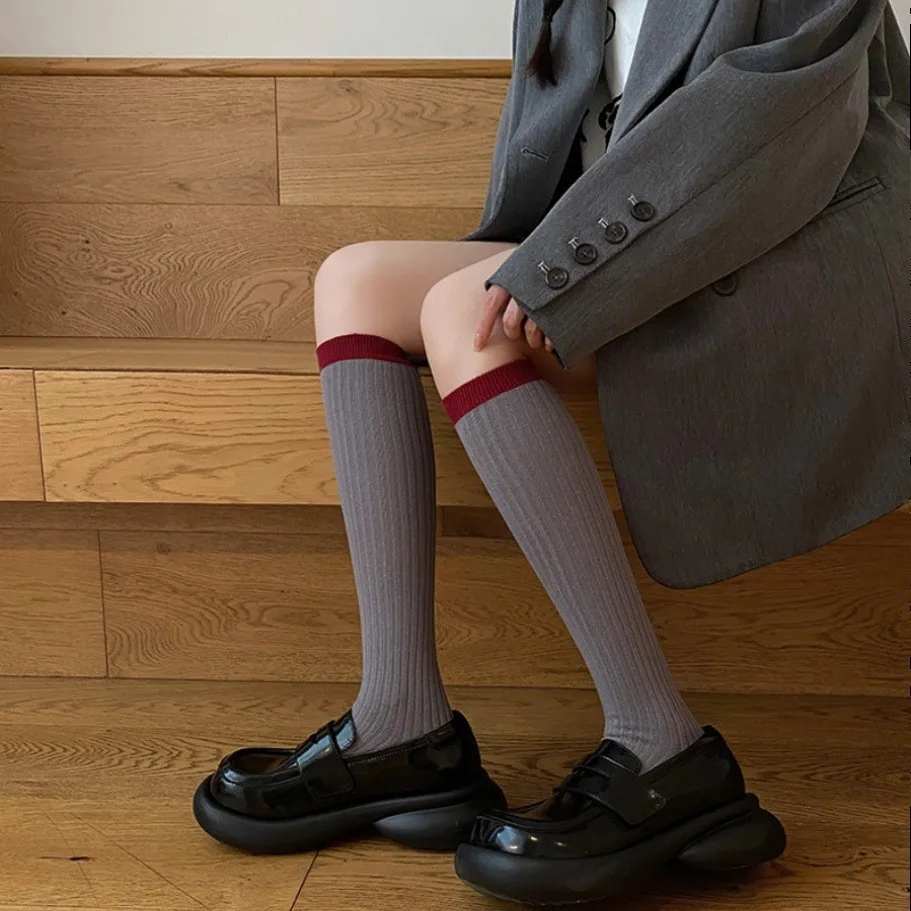 Trendy Ins Spring Japanese JK Style Grey Vertical Striped Calf Sock–Women's Puffed Knee-High Mix&Match Sock,Retro Campus Fashion