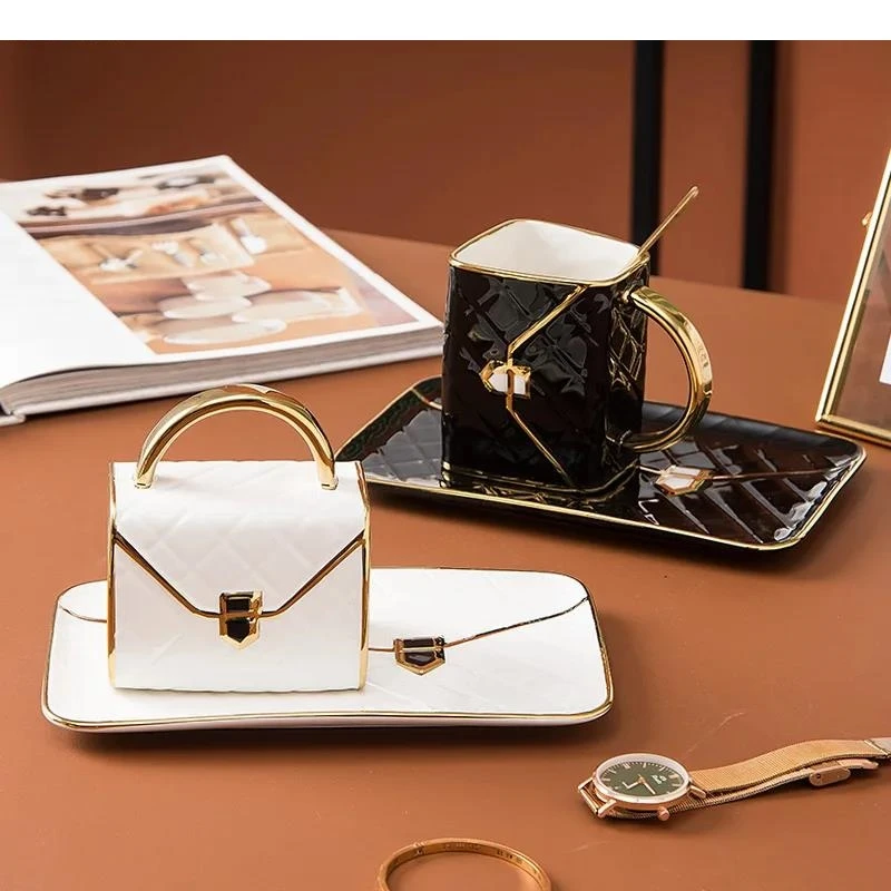 Handbag Shaped Ceramic Mug and Plate Set High Beauty Milk Cup Coffee Beverage Household Water Cups Tea