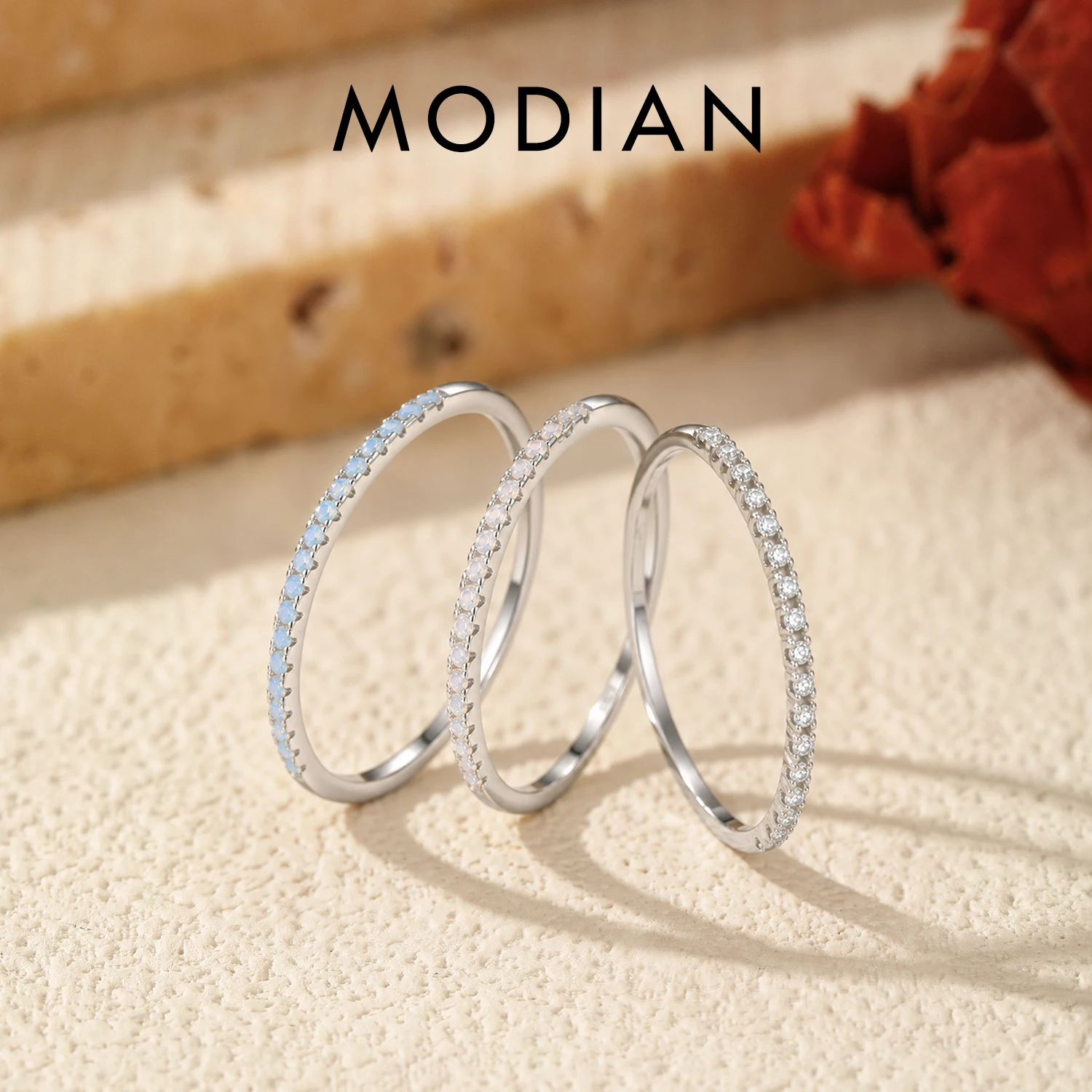 MODIAN 925 Sterling Silver Exquisite Slim Stackable Rings Clear Cz Gradient Pink Blue Crystal Finger Ring For Women Fine Jewelry