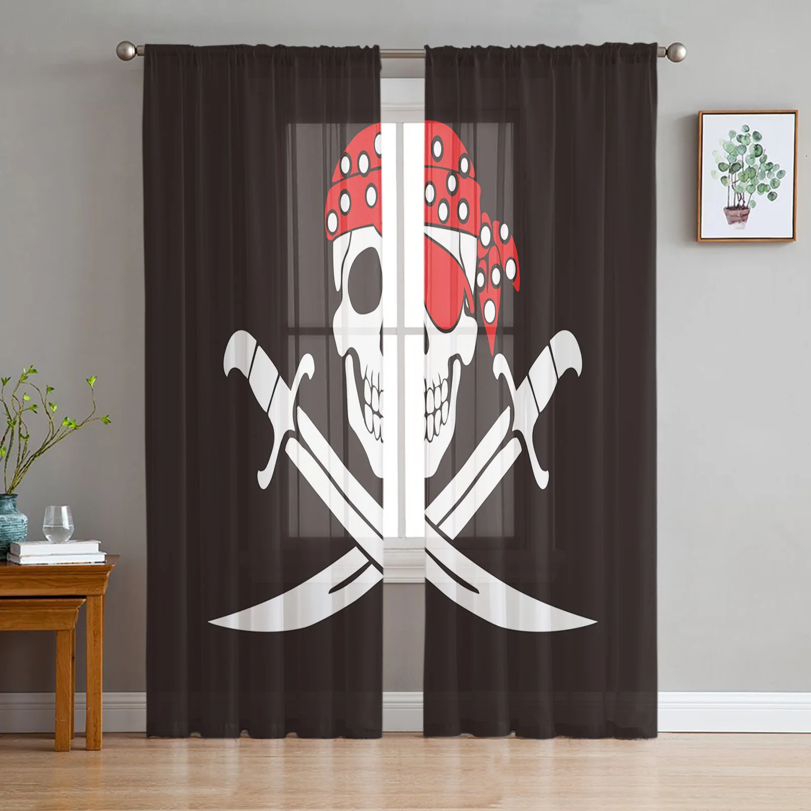 Pirate Skull Sword Tulle Sheer Window Curtains for Living Room the Bedroom Modern Voile Organza Decorative Curtains Drapes