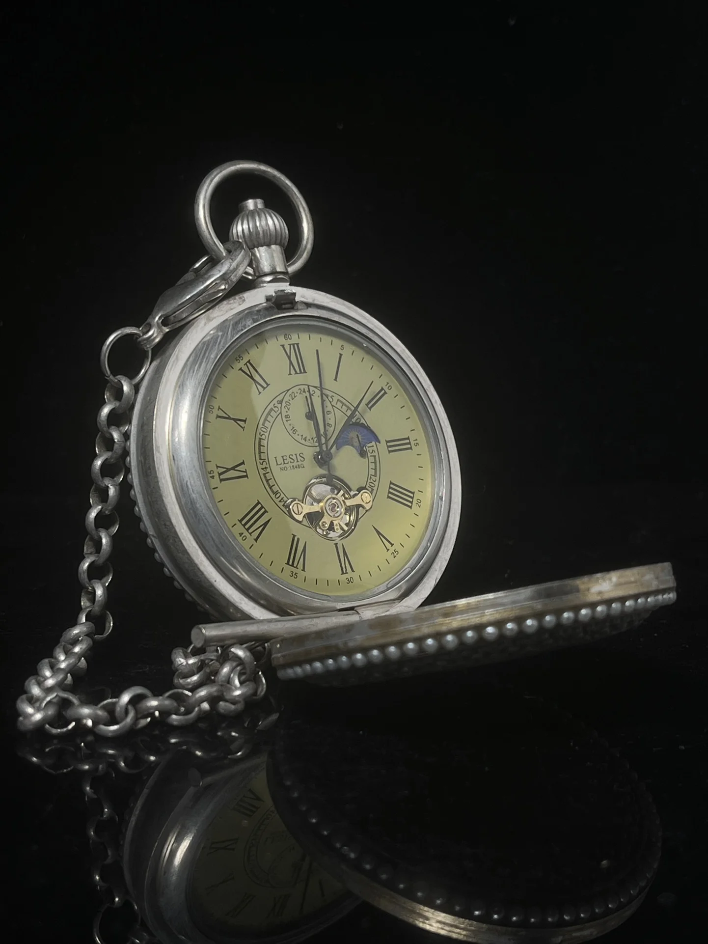 Φ55mm 19 Century Sun Moon Stars Double Opening Copper Mechanical Pocket Watch Good Working