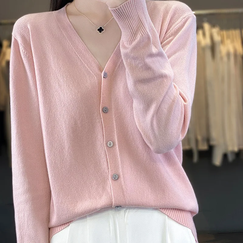 Spring Summer New Style Women's Long Sleeve V-Neck Knitted Sweater Coat Single Piece Bright Thread Coolmax Fiber Commute Style