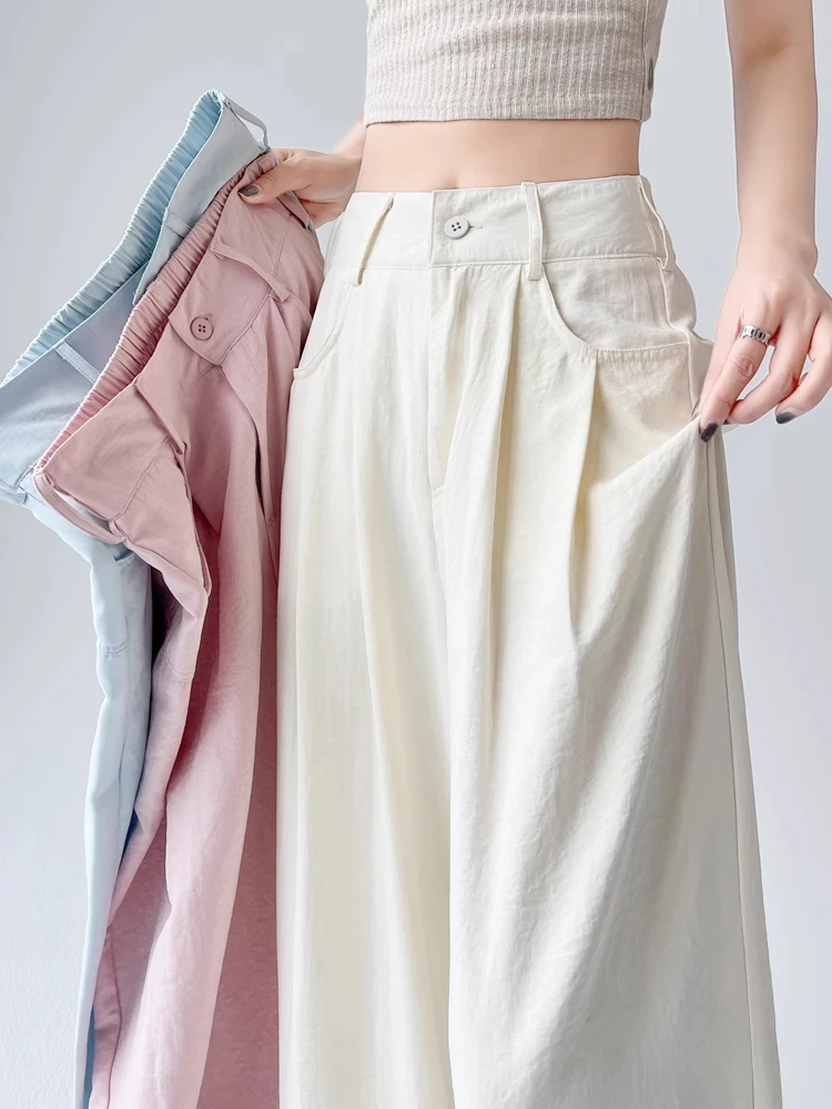 

Летние тонкие брюки из ледяного шелка с широкими штанинами, женские свободные драпированные брюки-кюлоты в пол, удобные, с высокой талией, комплект из девяти предметов