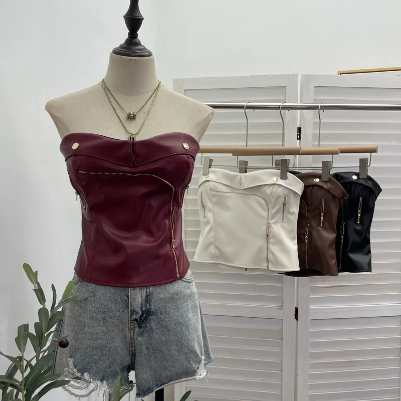 

2026 Spring New Sexy Pu Leather Tube Top Zipper Strapless Chest-wrapped Sleeveless Y2k Crop Top Women