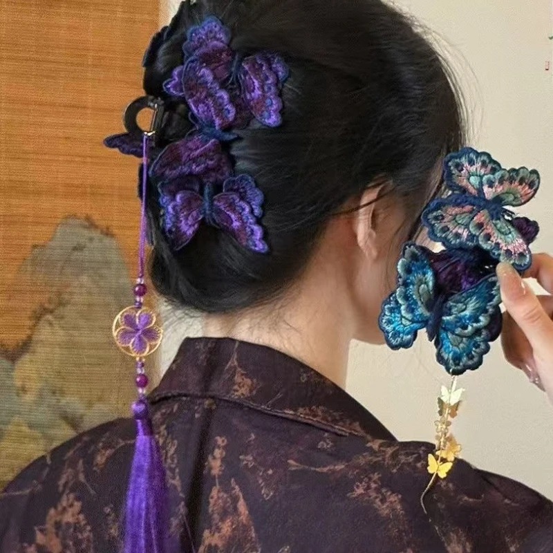 

Hair Clip for Women Purple Butterfly Embroidery Tassel Hair Claw Clip Large Shark Clip New Chinese Style Women Hair Accessories