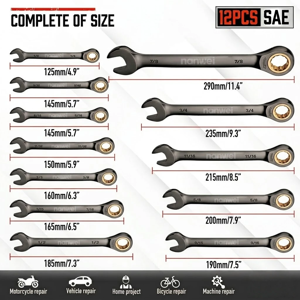 24Pcs Ratcheting Combination Wrench Set, 12 Metric &12 SAE Size, 72-Tooth 5° Swing Arc 12-Point Box End, CR-V Steel Ratchet Spanner Kit, Open & Box End Wrench for Auto Motorcycle Bicycle Repair