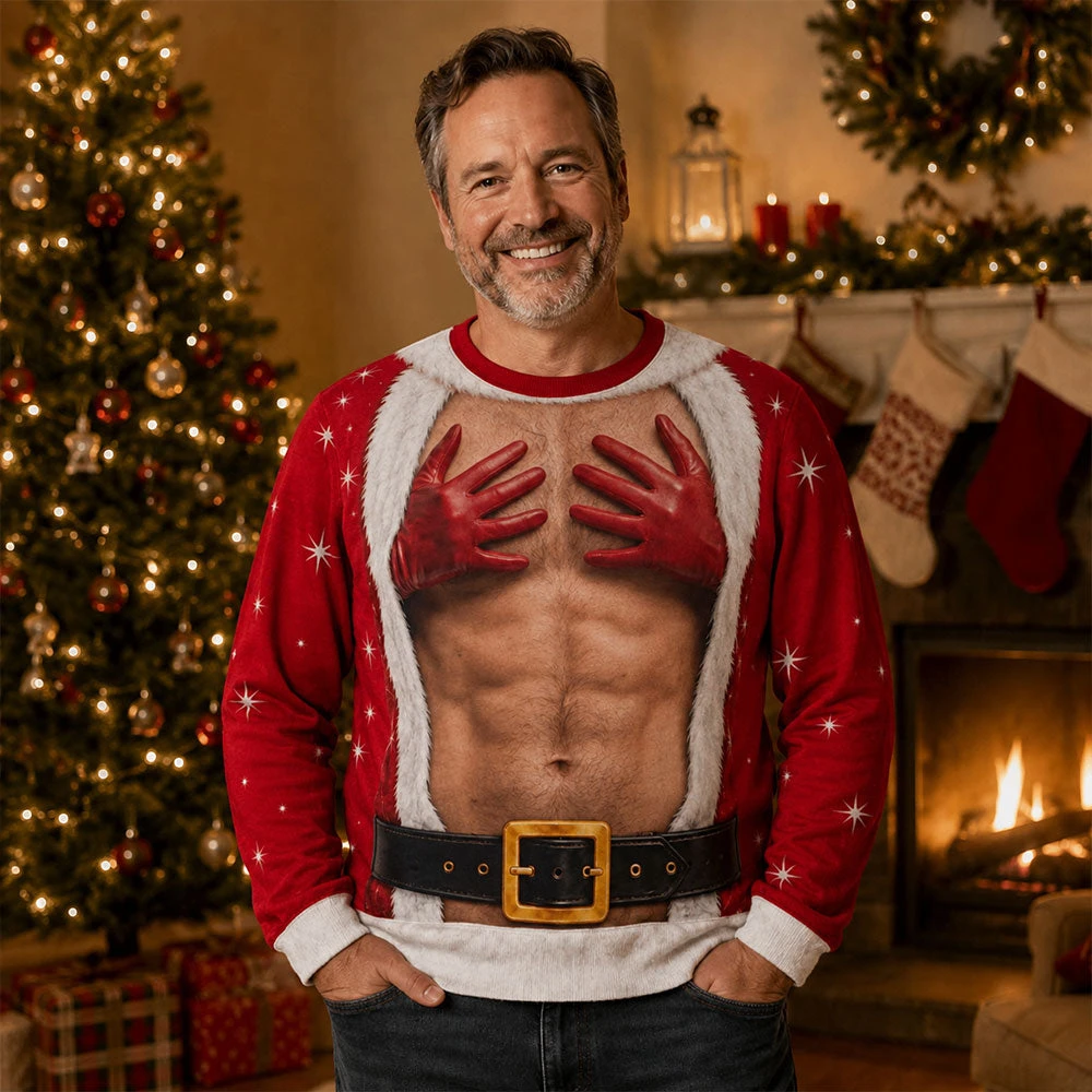 Fun Santa Claus Gloves with Chest-Grabbing 3D Print Christmas Hoodie Novel Long-Sleeved Top Unisex Holiday Party Pullover