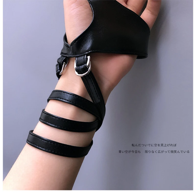 Black Sexy Bandage Lace Leather Women Half-Finger Fingerless Gloves Punk Style Nightclub Hip-Hop Pole Dancing Stage Performance