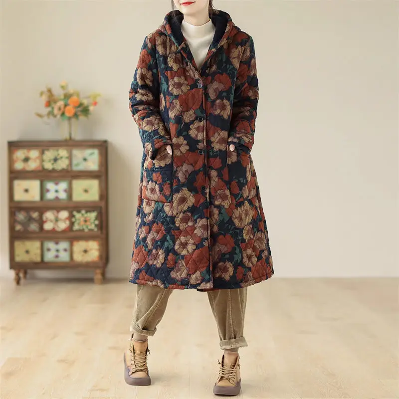 Retro impresso casaco de lã com capuz feminino, corta-vento de comprimento médio, casaco grosso de cordeiro, inverno, 2023, Z3494