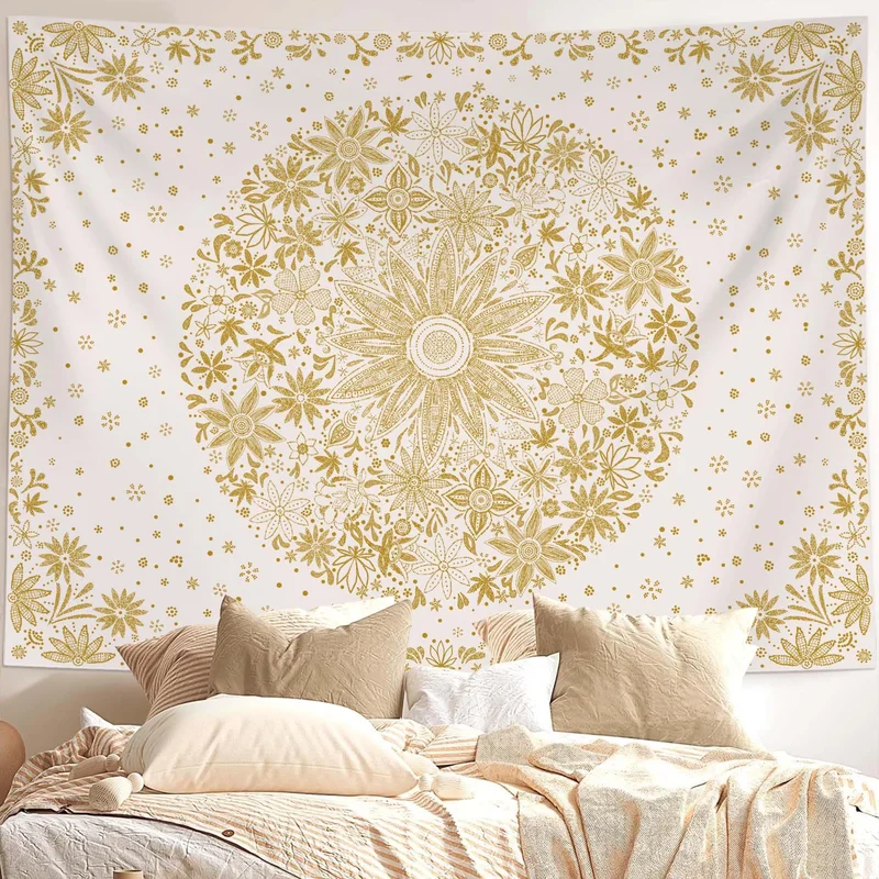 VIKAMA White Grey Floral Mandala Tapestry Boho Line Art Medallion Flower Wall Hanging Aesthetic Bedroom Living Room Decor Poster