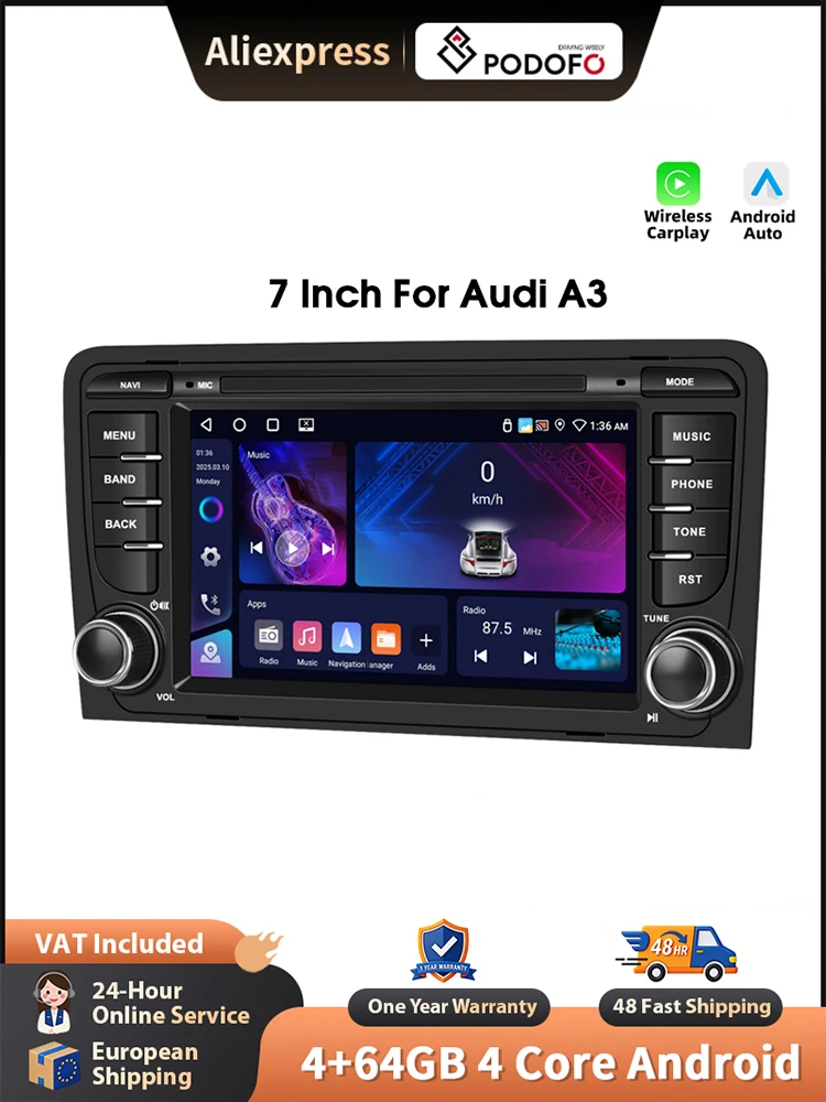 Podofo 7-Zoll-Autoradio für Audi A3 8P (2003-2012) Android CarPlay GPS-Navigation Head Unit WIFI FM/RDS Autoradio mit EQ und Bluetooth