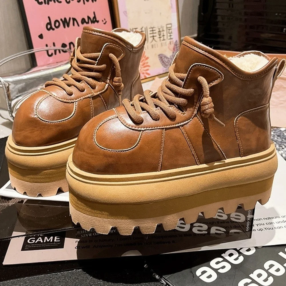 

Platform Lace Up Patchwork Snow Boots Sexy Round Toe Matte Leather New Arrivals Fashion Women Boots
