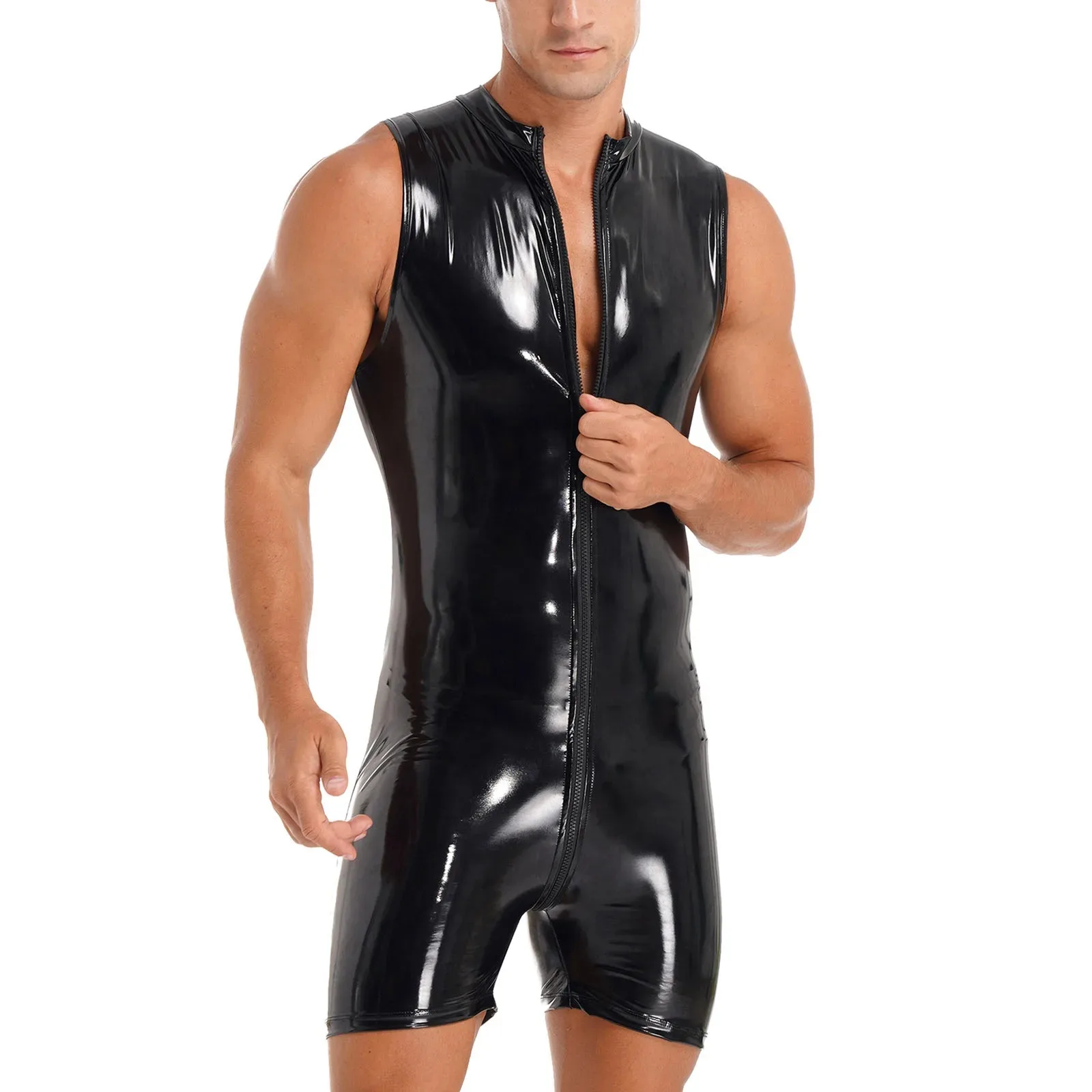 Mens Lingerie Wet Look Zipper Latex Bodysuit Sleeveless Patent Leather Leotard Bodycon Jumpsuits Club Pole Dancing Costume