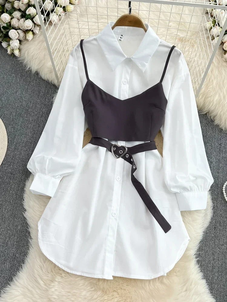 Women Spring Autumn New Vintage Hong Kong Style Temperament Waist Slim White Shirt Dress Two Piece Strap Vest D3094