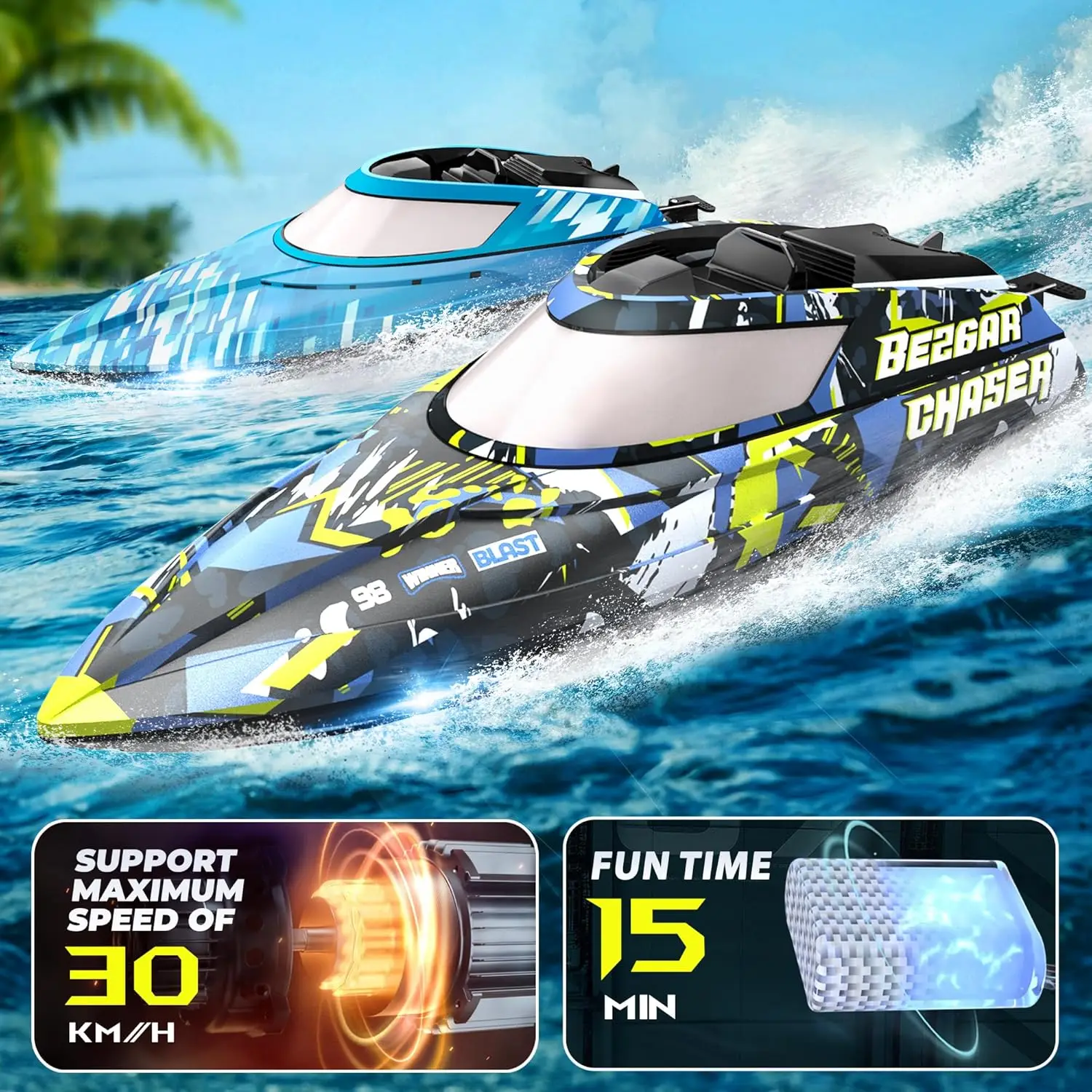 High-Speed RC Boat 2-Pack, 12 Inch, 30 KPH, with Portable Case, for Lakes, Pools & Salt Water, Summer Toys for Adults & Ideal Gifts for Boys Ages 6-12